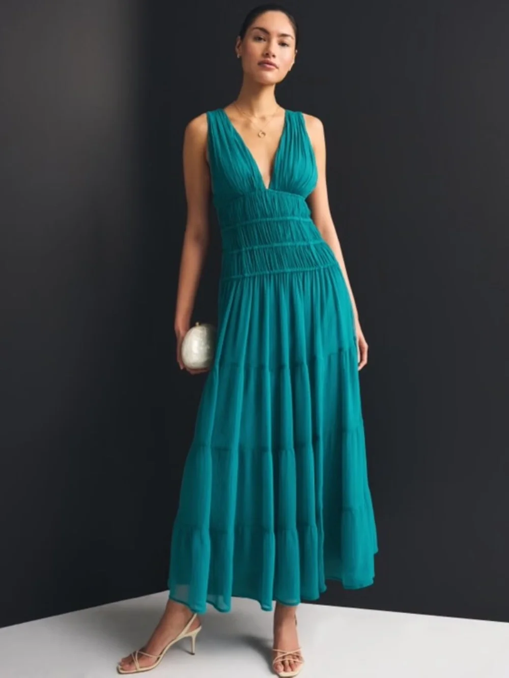Abercrombie Bra-Free Ruched Flowy Maxi Dress Teal Medium Petite
